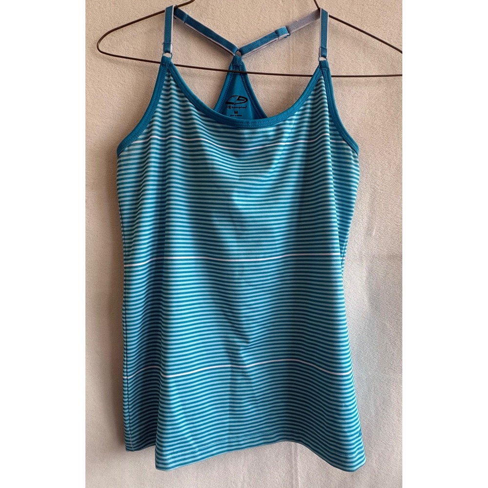 Champion C9 Womens Striped Racerback Tank Top with Shelf Bra Turquoise Medium
